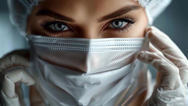 Female surgeon carefully adjusts mask prior to procedure. Highly concentrated female surgeon readies herself for surgical intervention