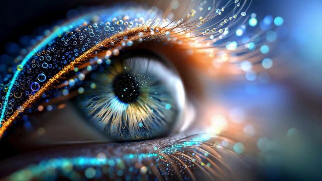 Sparkling macro eye with digital particles, neon lashes and bokeh, biometric reflection, highdetail iris showing data stream and futuristic shimmer