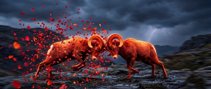 Two rams clashing horns with red petals flying in a stormy landscape. Dynamic Year of the Goat 2027 zodiac concept. Powerful animal battle in mountain wilderness
