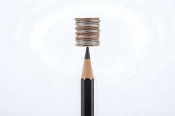 Stack of coins perfectly balanced on the tip of a black pencil