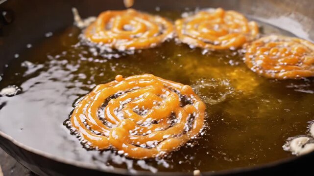Close up of sweet spiral dough batter being fried in hot oil creating golden brown crispy jalebi dessert in a traditional cooking pan with bubbling oil and light steam rising creating an appetizing