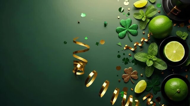 St. Patricks Day celebration flat lay with shamrocks, festive confetti, fresh limes, and mint leaves on a deep green background.