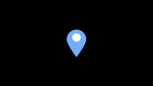 Simple, clean, and modern pop up animation of red location pin, GPS maps location pointer animated icon on black screen, motion graphic element