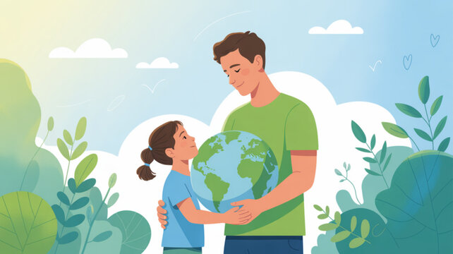 Father and daughter embracing earth symbolizing love and care for the environment and nature