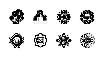 Eight ornate black designs featuring architecture and floral motifs silhouette © Muskan