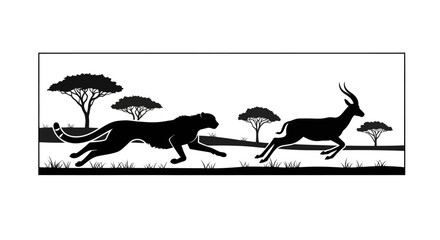 African wildlife scene with a cheetah chasing an antelope silhouette © Muskan
