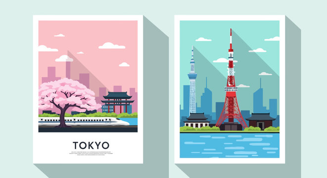 Tokyo Skyline with Cherry Blossoms and Landmarks, Flat Design