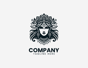 Fototapeta premium Regal woman portrait with ornate crown and traditional jewelry in elegant black vector illustration