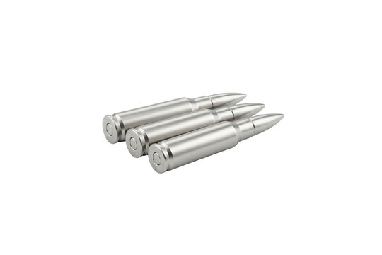 Three metal rifle cartridges with silver bullets aligned in a diagonal row, isolated on transparent background