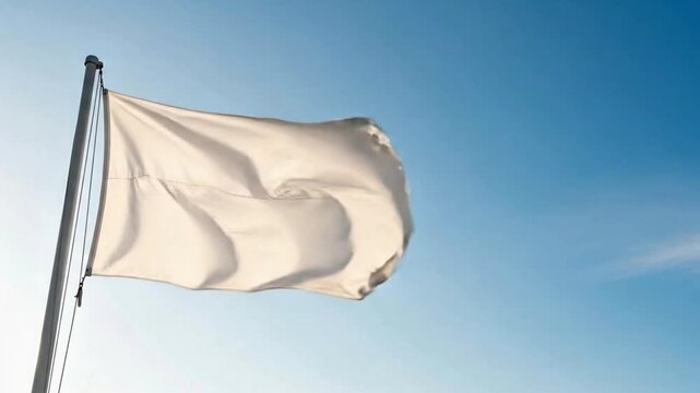 A plain white flag fluttering gently in the clear blue sky, symbolizing surrender, peace, or truce