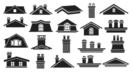 Collection of various roof and chimney designs in black silhouette, Generative AI.