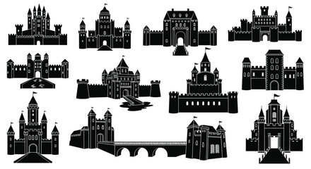 Fototapeta premium Collection of various castle silhouettes for design and decoration purposes easily customizable, Generative AI.