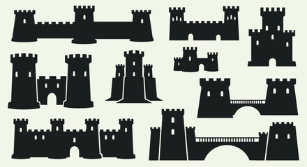 Collection of various medieval castle silhouettes on a light green background, Generative AI.