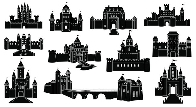 Collection of various castle silhouettes for design and decoration purposes easily customizable, Generative AI.
