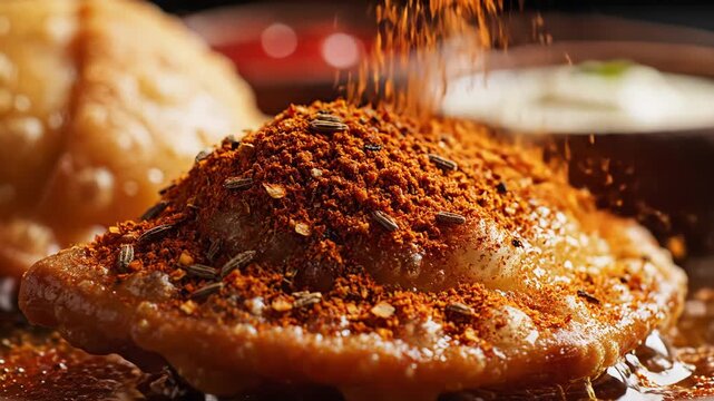 Golden Fried Samosa Topped With Red Chili Powder And Cumin Seeds Served With Creamy Yogurt Dip And Tomato Chutney In Rustic Bowls Macro Shot With Soft Natural Lighting