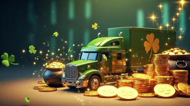 Green semi truck with pot of gold and coins. St. Patricks Day celebration of luck and prosperity. Irish holiday theme with shamrocks.