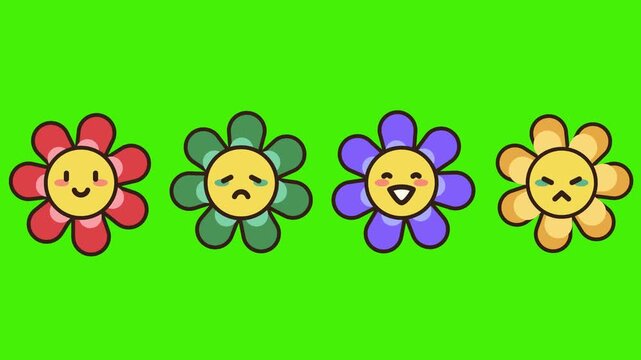 4K video expressive eyes and mouth, smiling, crying and angry character face expressions on colorful sunflower with green screen background