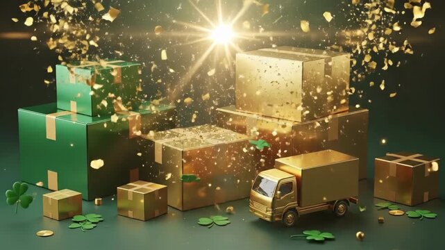 Golden delivery truck and green boxes with shamrocks. St. Patricks Day shipping, gifting, and festive commerce. Holiday distribution.