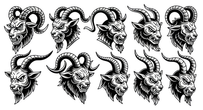 Collection of Fierce Goat Heads - Black and White Vector Illustrations