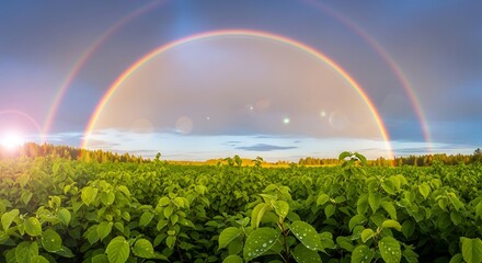 Fototapeta premium Breathtaking Double Rainbow Arches Gracefully Over a Vast, Verdant Field, Bathed in Golden Light, Symbolizing Hope and Natural Beauty After the Rain