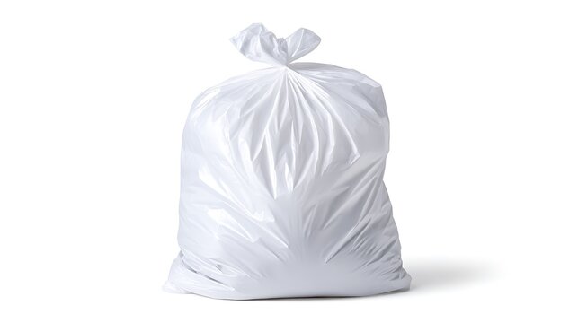 White plastic kitchen trash bag isolated on a clean white background suitable for household and cleaning related themes.