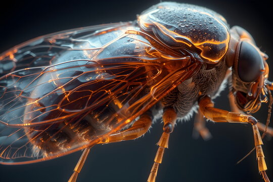Futuristic robotic cicada insect with transparent shell and glowing orange internal lights