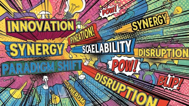 Comic style art with various words related to business, innovation, and paradigm shifts
