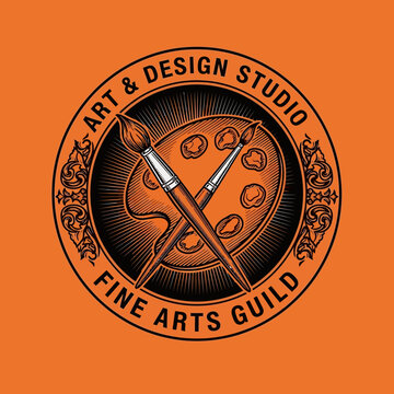 Art Design Studio Fine Arts Guild Vintage Emblem with Paintbrushes and Palette