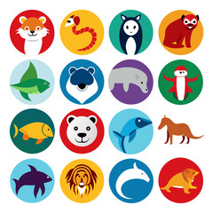 Fototapeta premium Collection of flat animal icons in colorful circles