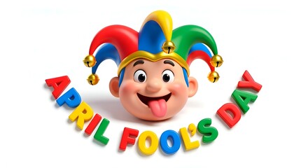 Obraz premium 3D jester face with bells and April Fool's Day text on white background