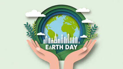 Fototapeta premium Earth day illustration with hands holding globe and cityscape surrounded by leaves and rainbow on green background