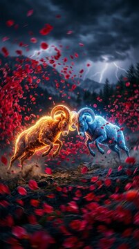Two glowing rams clashing in a storm of red petals. Fire and ice elemental sheep fighting in fantasy landscape. 2027 year of the ram concept art