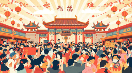 Fototapeta premium cheerful crowd, Blue Dragon Festivity traditions, Chinese heritage, lively occasion, cultural pride, historic customs, radiant gala, communal joy, symbolic practices.