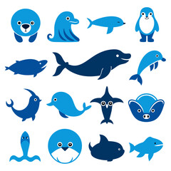 Naklejka premium Collection of Blue Ocean Animals Vector Icons on White Background