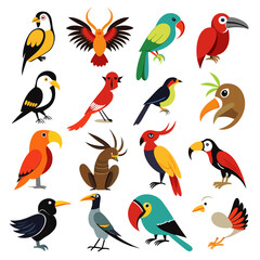 Fototapeta premium Collection of colorful cartoon birds isolated on white background