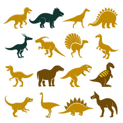 Collection of stylized dinosaur icons in various poses and colors © Xihan