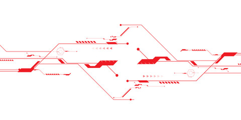 Vector red abstract ON power button in the centre of futuristic circuit board with light glowing wires on technology background. © Zero Degree
