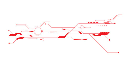 Vector red abstract ON power button in the centre of futuristic circuit board with light glowing wires on technology background. © Zero Degree