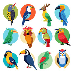 Fototapeta premium Collection of Flat Graphic Tropical Birds in Colorful Circles