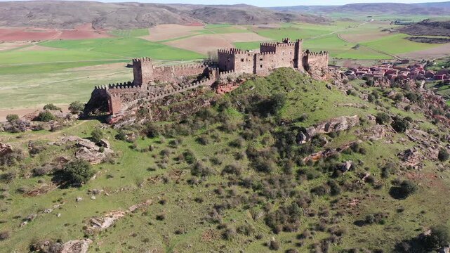 Aerial photo of Castle of Riba de Santiuste. Remains of medieval fortress in Spain.