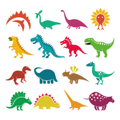 Colorful dinosaur silhouettes on white background forming a pattern © Xihan