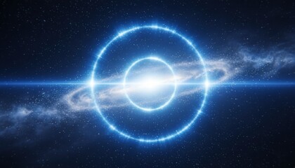 Fototapeta premium Blue and white glowing portal beam in outer space, swirling star dust sparkles, radiant halo glow, dark galaxy background