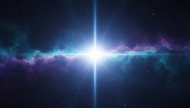 Blue and white light beam glowing from center, sparkling star dust particles, deep space background, radiant cosmic glow, soft nebula haze,