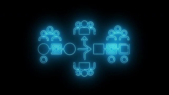 Neon blue flowchart diagram with glowing icons on a black background, conveying connections and processes.