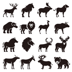 Collection of wildlife animal silhouettes in black vector graphic