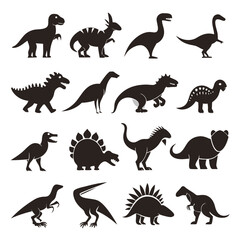 Collection of various dinosaur silhouette illustrations on white background © Xihan