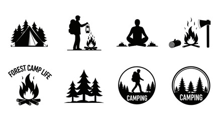 Camping themed icons with trees fire and people a silhouette © Silpi