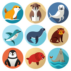 Obraz premium Nine aquatic animal icons, flat design, vector graphics