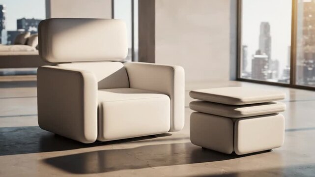 Modern armchair and ottoman in a minimalist interior with cityscape view