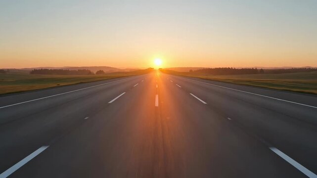 Driver's view of traveling forward on empty highway at golden hour, road stretching to sunset horizon